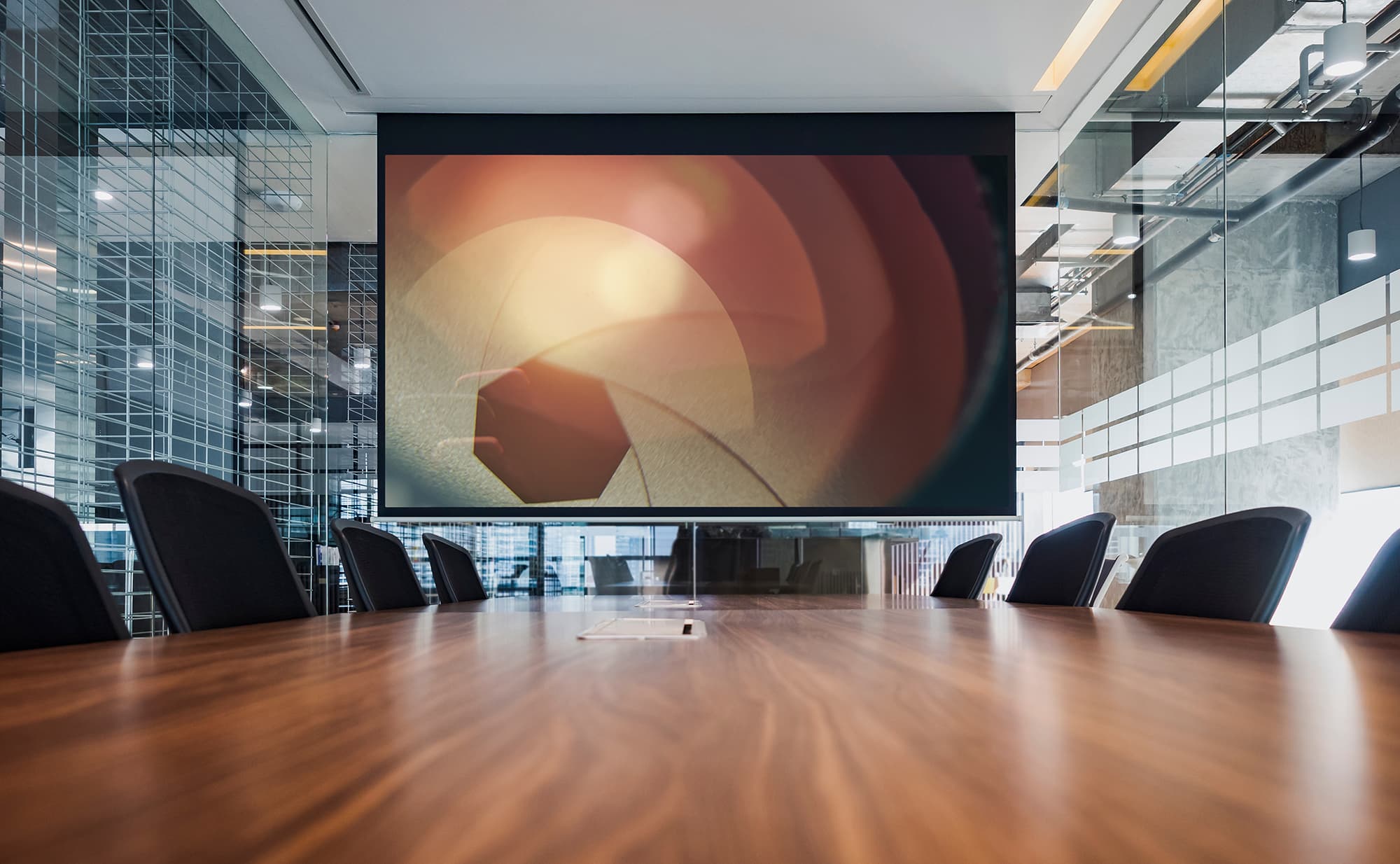 Meeting room projection screen recessed case presentation